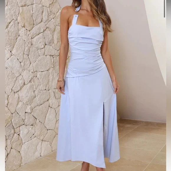 flowy a line dress Sky Blue A Line Sleeveless V Neck Chiffon Long Flowy Simple Prom Dress